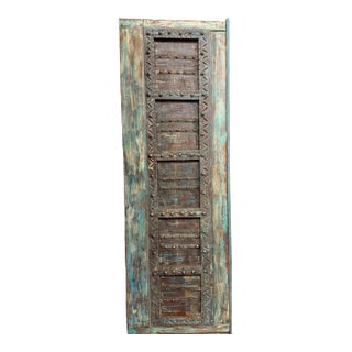 Antique Distressed Blue Haveli Door – Rustic Hand-Carved Farmhouse Barn Door For Sale