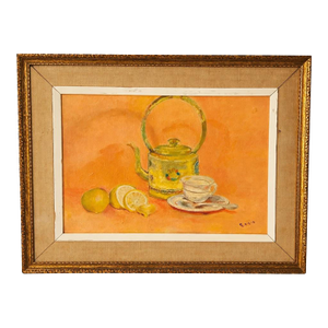 Early 20th Century Chinoiserie Still Life Oil Painting With Teapot & Citrus - Framed