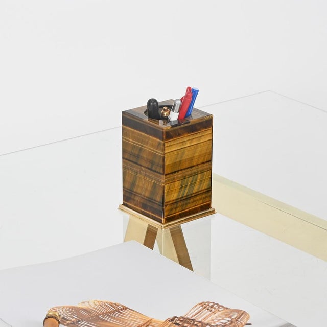 Italian Tiger's Eye and Gilt 800 Silver Desk Pen Holder by Mazzetti Milano, 1950 For Sale - Image 3 of 13
