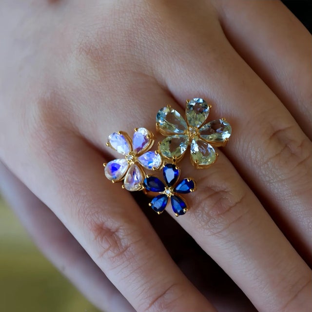 Not Yet Made - Made To Order Nina Zhou Aquamarine Moonstone Sapphire Diamond Flower Blossom Cocktail Ring in 14k Yellow Gold, size 9 For Sale - Image 5 of 7