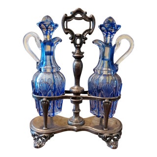 Antique Crystal Blue Overlay Hallmarked Bottle Set- 2 Pieces For Sale