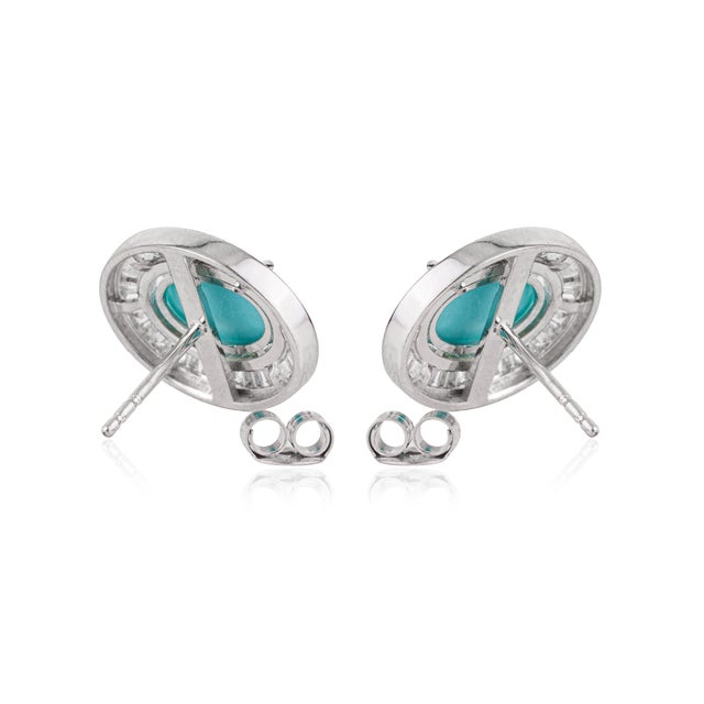 14k White Gold Halo Stud Earrings With 2.52ct Turquoise & Diamonds- A Pair For Sale - Image 9 of 15