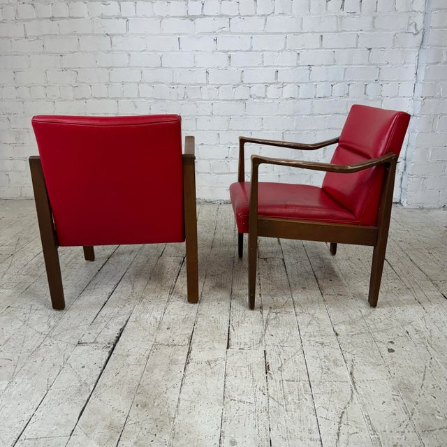 Mid Century Modern Pair of Red Vinyl Arm Chairs For Sale - Image 4 of 11