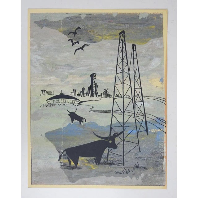 Vintage mid century serigraph on paper of Houston Astro Dome, oil wells and longhorn cattle. Images in black over gray and...