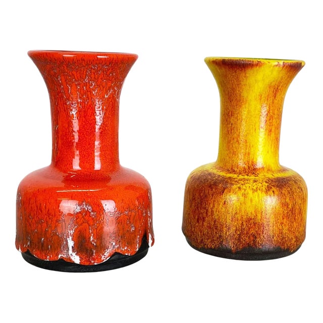 German Yellow-Red Fat Lava Pottery Vases from Jasba, 1970s, Set of 2 For Sale