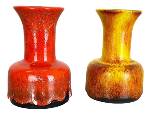 German Yellow-Red Fat Lava Pottery Vases from Jasba, 1970s, Set of 2