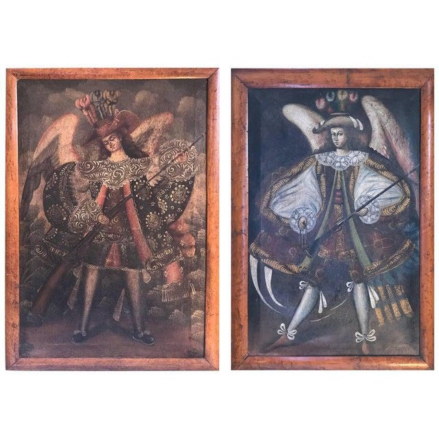 Brown 19th Century, Oil on Canvas, Two Winged Arc Angels, Set of 2 For Sale - Image 8 of 8