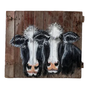 Antique American Architectural Barn Door With Cow Painting