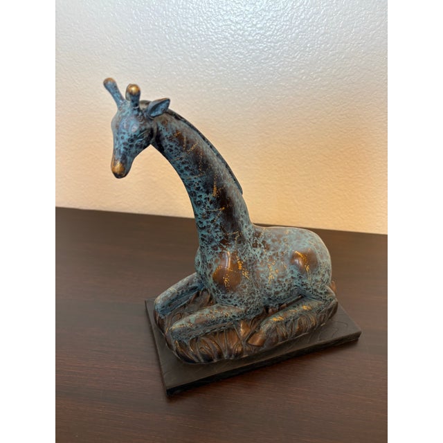 1980s Teal and Golden Resting Giraffe Sculpture For Sale - Image 4 of 4