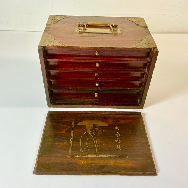 Late 19th C. Antique Chinese Boho Chic Chinoiserie Mahjong Game Set, Walnut & Brass Box For Sale - Image 10 of 18