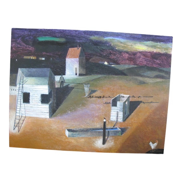 David Devillier Surreal Farmland Landscape Oil Painting on Panel at the Trough For Sale