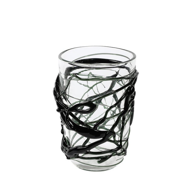 This striking pair of hand-blown Murano glass vases features organic sculptural striations in a vibrant viridian green,...