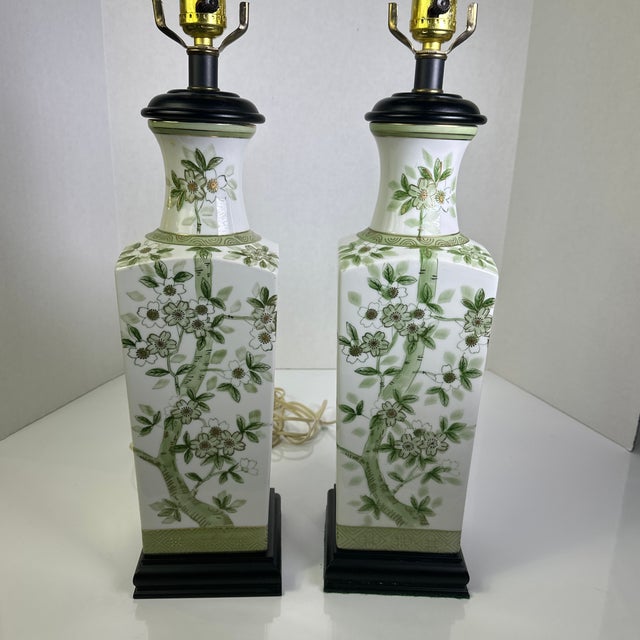 Celadon Pair of Vintage Green Apple Blossom Chinese Lamps For Sale - Image 8 of 12