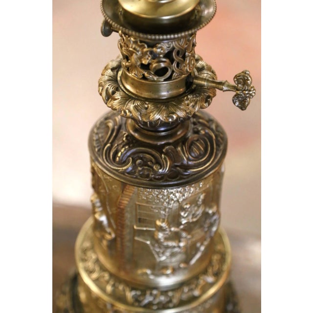 Brass 19th Century French Repousse Brass Oil Table Lamp With Tavern Scenes For Sale - Image 8 of 12