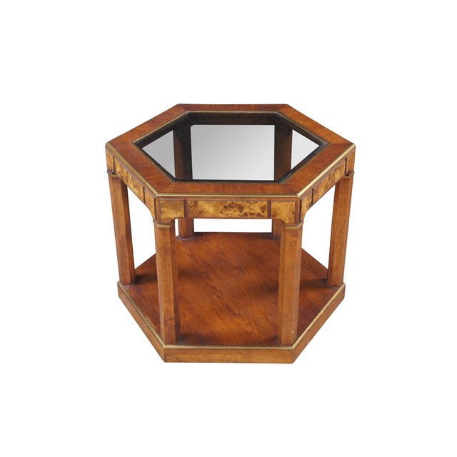 Mid-Century Modern Vintage Walnut Burl Hexagon Side Accent Table W Glass Insert For Sale - Image 3 of 10