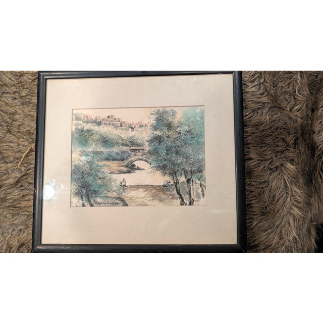 Japanese Mid 20th Century Hiroshi Honda Ink and Watercolor Landscape, Signed, Framed For Sale - Image 3 of 9