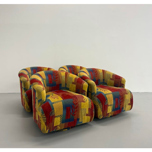Vintage Postmodern Geometric Upholstered Swivel Chairs – Set of 4 For Sale - Image 4 of 8