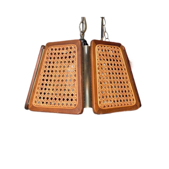 1970s 1970’s Boho Chic Cane and Wood Pendant Light For Sale - Image 5 of 8