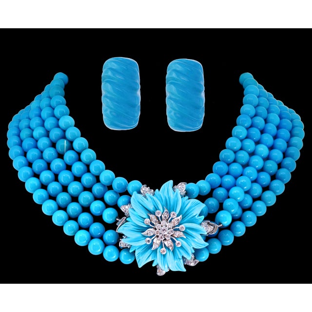 Natural Sleeping Beauty Turquoise Necklace Five-Strand and Diamond French Clasp For Sale - Image 4 of 8