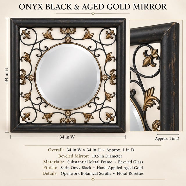 Gothic Vintage Onyx Black and Aged-Gold Botanical Metal Mirror With Beveled Glass For Sale - Image 3 of 6