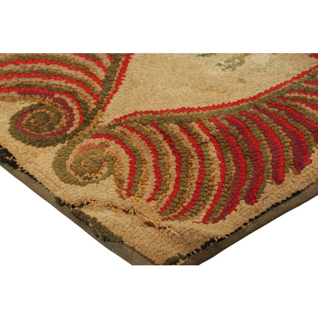 Antique Hooked Rug in Beige-Brown With Colorful Floral Medallion | Rug & Kilim For Sale In New York - Image 6 of 8
