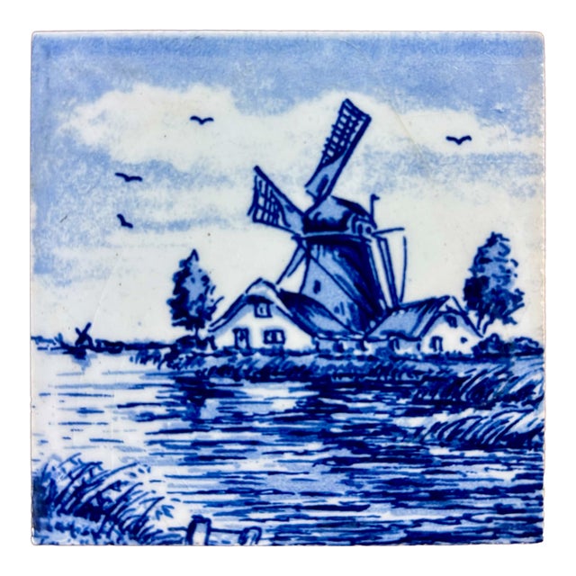 Vintage Hand Painted Delft Style Ceramic Tile With Dutch Windmill Landscape For Sale