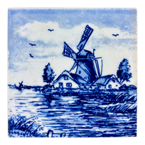 Vintage Hand Painted Delft Style Ceramic Tile With Dutch Windmill Landscape