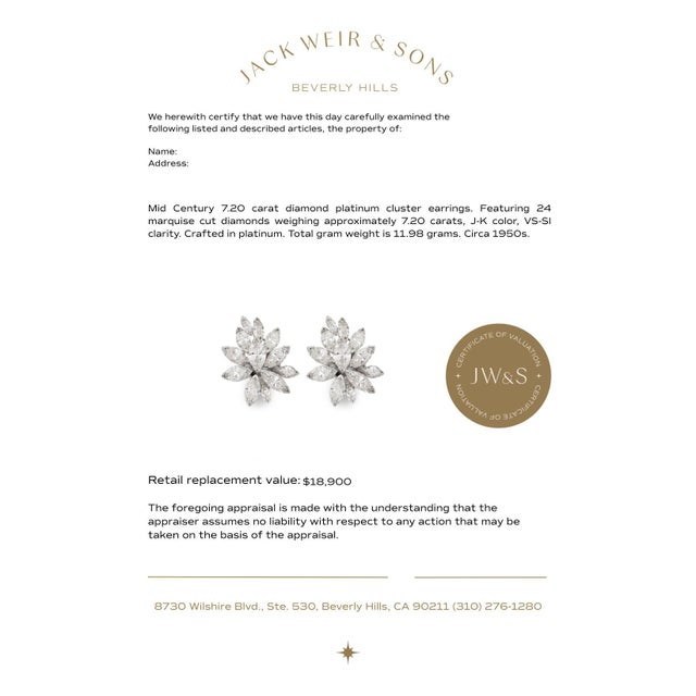 1950s Pair of Mid Century 7.20 Carat Diamond Platinum Cluster Earrings For Sale In Los Angeles - Image 6 of 6