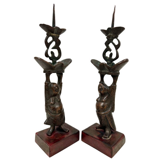 Metal Early 20th Century Chinese Pair of Bronze Happy Buddha Candle Holders For Sale - Image 7 of 9