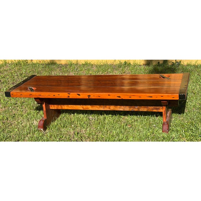 Farmhouse Vintage 1940s World War 2 Liberty Ship Hatch Cover Coffee Table W/ Custom Built Trestle Base For Sale - Image 3 of 8