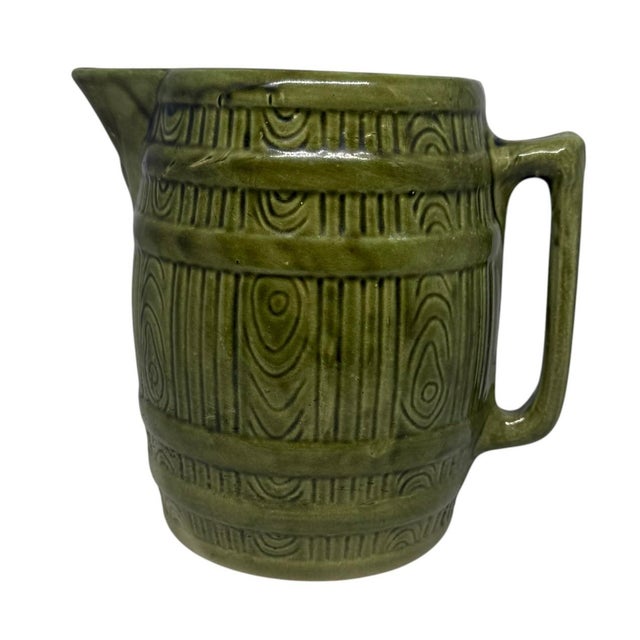Mid 20th Century Retro Green Yellow Ware Pottery Stoneware Barrel 8” Pitcher For Sale - Image 11 of 12