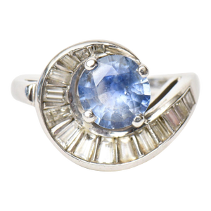 Vintage Art Deco Style Diamond Baguette, Sapphire and Platinum Ring, Size 6 60's