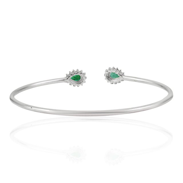 Not Yet Made - Made To Order Contemporary Twin Emerald & Diamond Halo Open Cuff Bangle Bracelet in Sterling Silver For Sale - Image 5 of 11