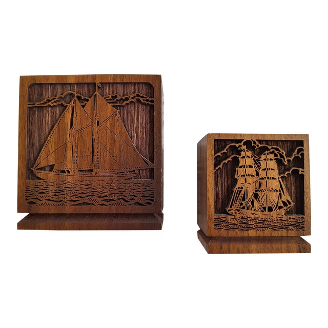 1980s Pair of Wooden Engraved Sailboat Office Organizers For Sale