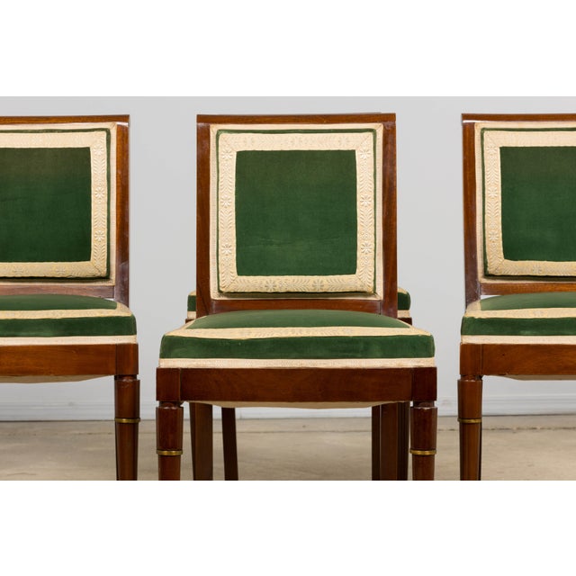 A refined set of six 1930s French Art Deco dining chairs attributed to Jules Leleu, sourced in Paris. Each chair is...