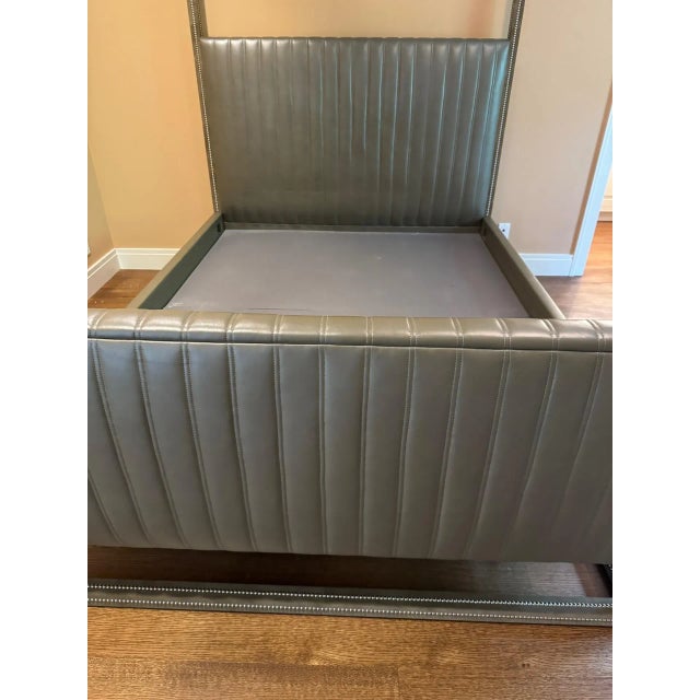 Frank Roop Queen Canopy Bed in Olive Green Leather and Alcantara With Nailhead Detail For Sale - Image 4 of 8