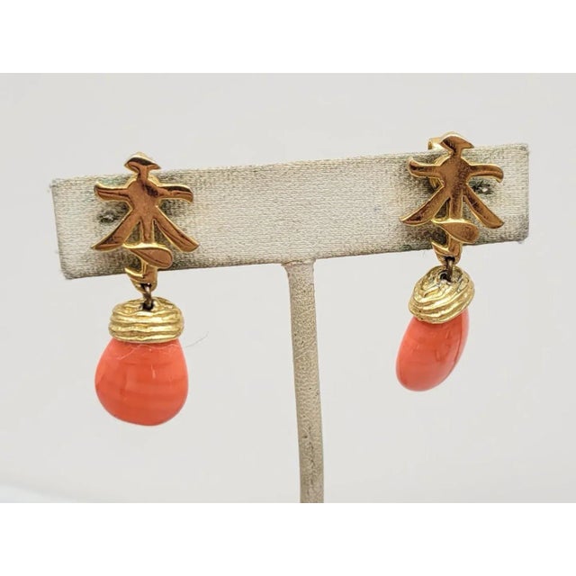 1960s Vintage 1960s Signed Trifari Asian Style Faux-Coral Drop Clip Earrings- 2 Pieces For Sale - Image 5 of 9