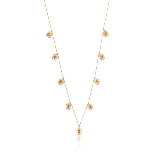 Metal Modern 2.24ct Citrine & Diamond Halo Station Charm Necklace in 14k Yellow Gold For Sale - Image 7 of 18