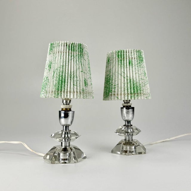 Small Mid-Century Cut Crystal Table Lamps with Acrylic Shades, 1950s, Set of 2, in Very Good conditions. Designed 1950 to...