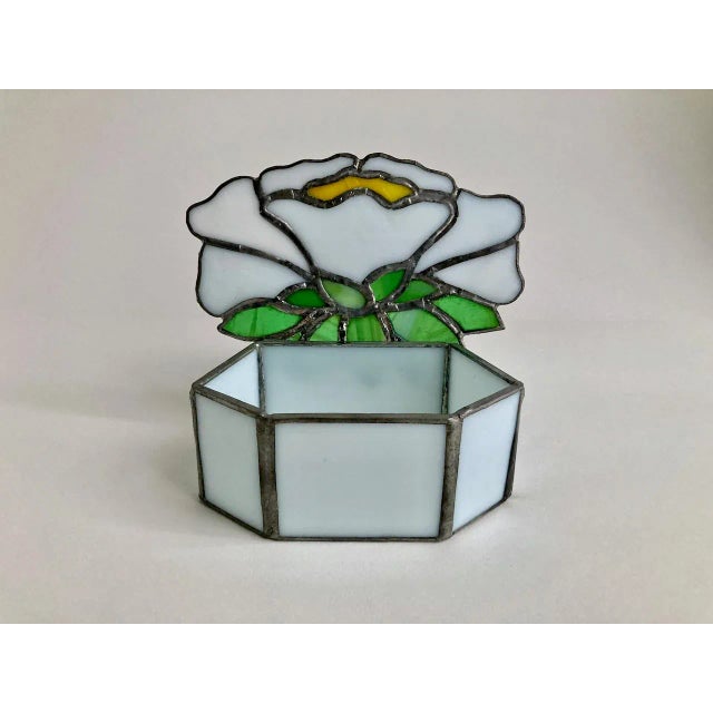 Vintage Stained Glass & Clear Glass Lidded Floral Box For Sale - Image 9 of 13