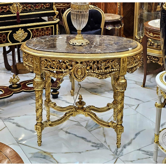 2020s French Louis XVI Style Gold Leaf Coffee Table With Marble Top & Ornate Carved Details For Sale - Image 5 of 5