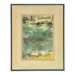 1970s Expressionist Watercolor Depicting Lake and Shore For Sale