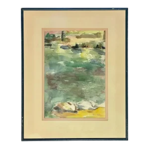 1970s Expressionist Watercolor Depicting Lake and Shore