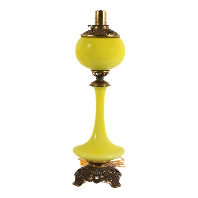 Antique Chartreuse Cased Glass Genie Oil Lamp, Electrified, C. 1880–1900, Continental Europe For Sale