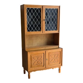 Vintage Danish Oak Hutch Cabinet in Style of Henning Kjærnulf With Leaded Glass Doors For Sale
