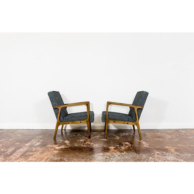 Pair of "04-B" Armchairs from Bydgoskie Furniture Factory, 1960s, Poland Reupholstered in black and black woven fabric...