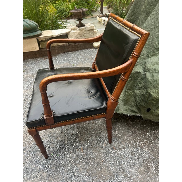 Mid-Century Hollywood Regency Faux Bamboo & Tufted Black Leather Armchair For Sale - Image 9 of 11