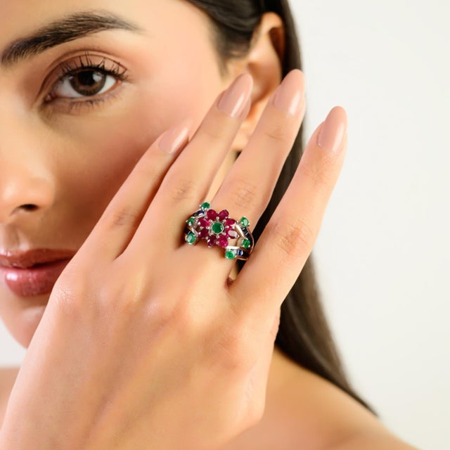 Modern Floral Design Ruby Emerald & Blue Sapphire Cocktail Ring in 925 Silver- Size 6.5 For Sale - Image 6 of 11