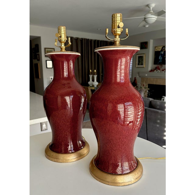 Ceramic Pair 19th Century Chinese Flambe Oxblood Porcelain Table Lamps For Sale - Image 7 of 18