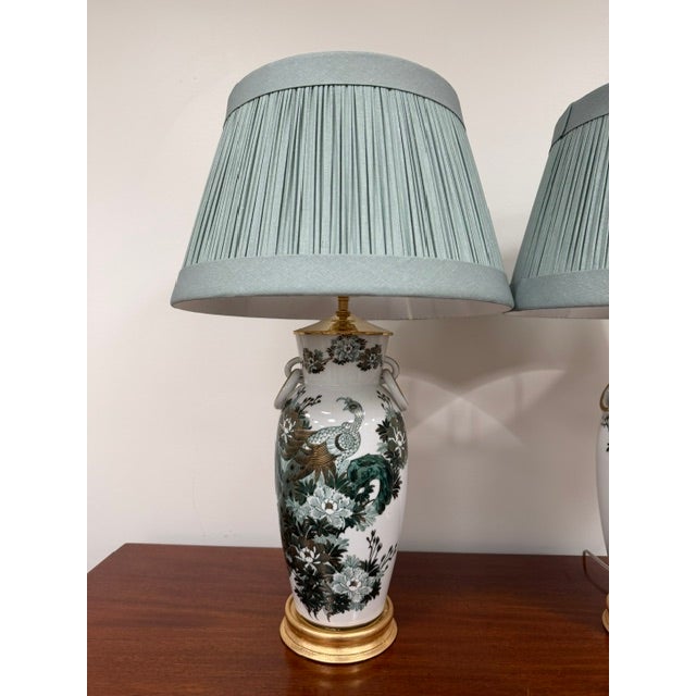 Pair of Vintage Mid Century Modern Japanese Kutani Chinoiserie Hand Painted Table Lamps With Peacock, Flowers and Gold....